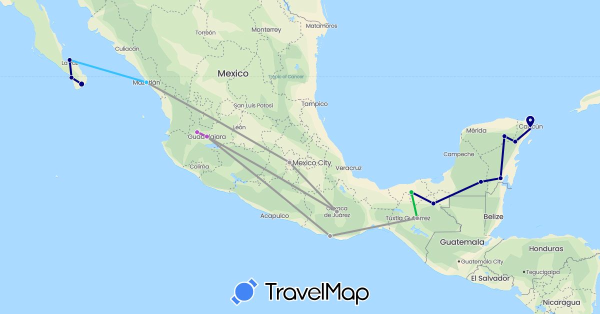 TravelMap itinerary: driving, bus, plane, train, boat in Mexico (North America)
